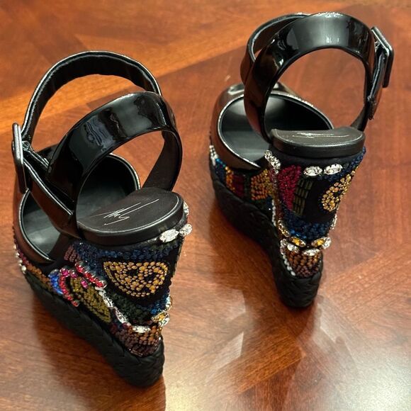 GIUSEPPE ZANOTTI LOLAS SAND, VERNICE NERO TOMAIA , LOVE & PEACE Wedge size EU 36 - Picture 8 of 15